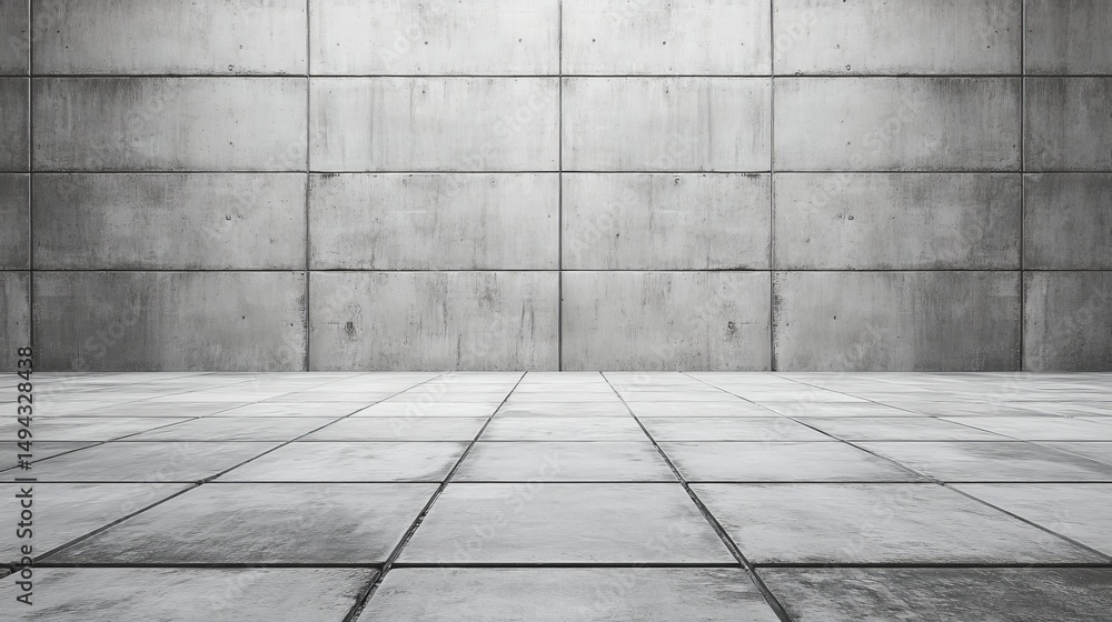 Fototapeta premium A stark, minimalist concrete room with tiled floor and panel wall. Illuminated by overhead lights