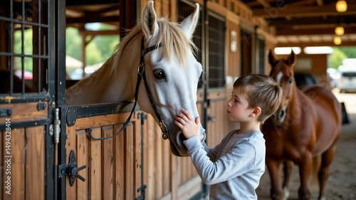 A young boy gently touches a white horse’s face inside a cozy wooden stable, with another horse in the background.
