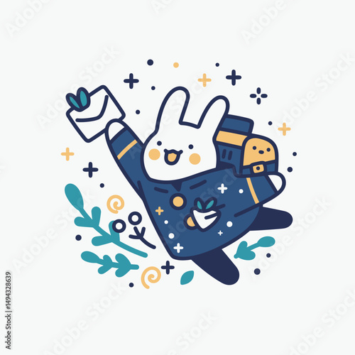 Stylized Rabbit Postman Leaping with Letter Mailbag