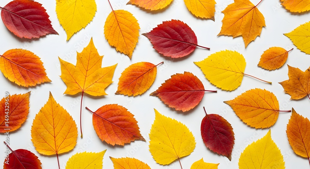 Obraz premium A beautiful overhead view of colorful autumn leaves scattered on a white surface.
