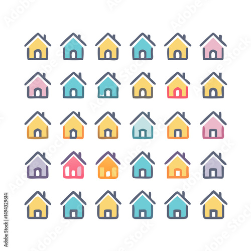 Web home icon set for websites and apps. Simple house symbol. Flat real estate sign. Main page pictogram in filled, thin line, outline and stroke style. Isolated illustration.
