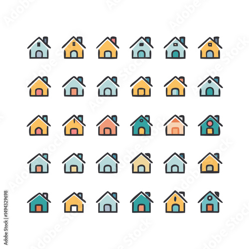 Web home icon set for websites and apps. Simple house symbol. Flat real estate sign. Main page pictogram in filled, thin line, outline and stroke style. Isolated illustration.
