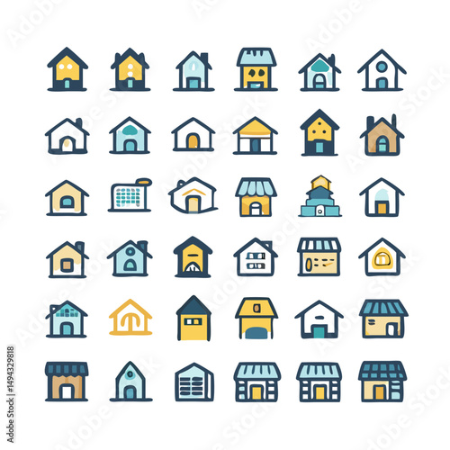 Web home icon set for websites and apps. Simple house symbol. Flat real estate sign. Main page pictogram in filled, thin line, outline and stroke style. Isolated illustration.

