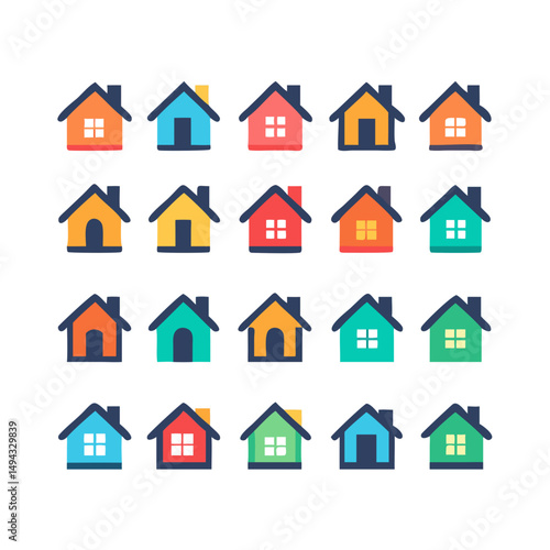 Web home icon set for websites and apps. Simple house symbol. Flat real estate sign. Main page pictogram in filled, thin line, outline and stroke style. Isolated illustration.

