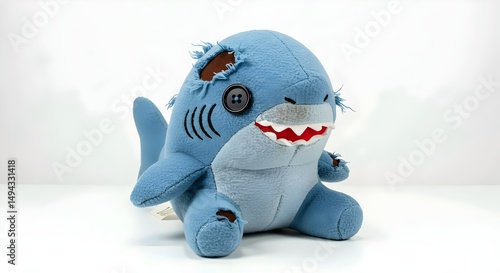 an isolated shark fish stuffie plush plushie stuffed animal toy that is dirty and old ripped and falling apart. old plush, dirty plush, ripped plush, torn plush, worn plush, broken toy, vintage plush