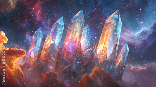 Cosmic Crystal Peaks: A fantastical image of towering, colorful crystals rising against a vibrant, galaxy-filled sky, representing wonder and mystery.