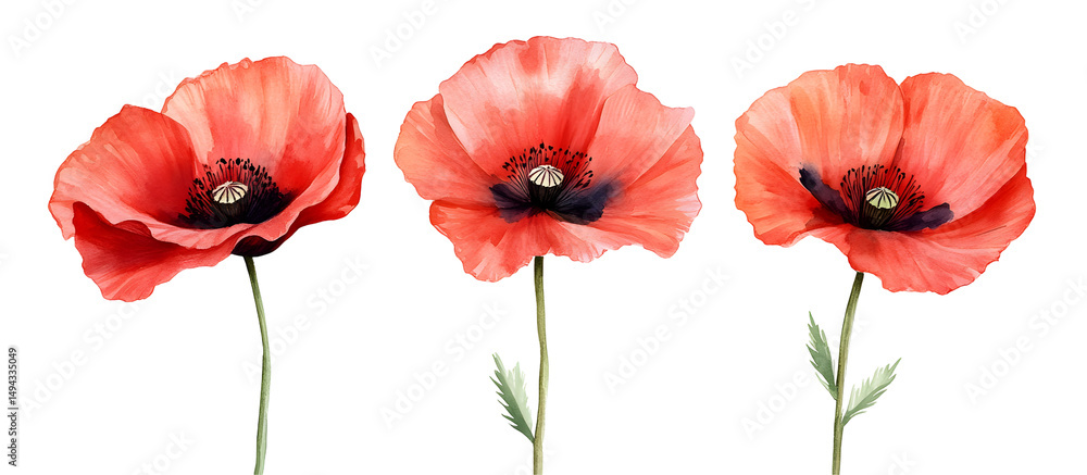 Naklejka premium Red poppy flowers watercolor illustration isolated on transparent background, bright floral art, delicate petals, nature botanical design, vibrant summer bloom, garden flower bouquet