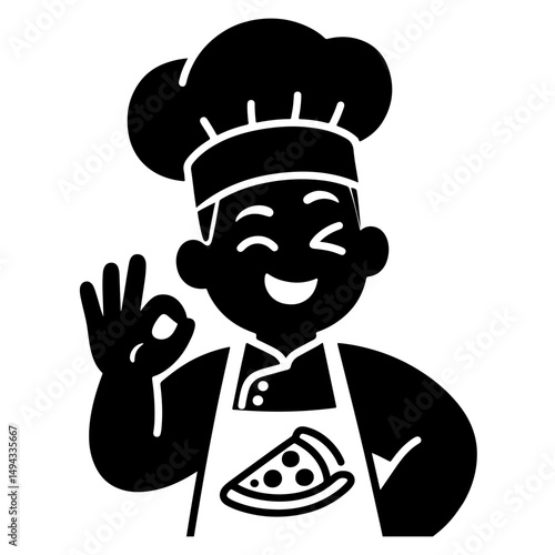 A smiling chef makes an "OK" hand gesture, wearing a chef's hat and apron with a pizza slice.