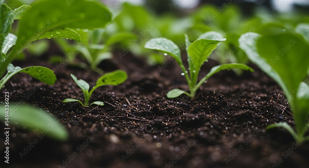 Young Plant Sprouts Growing in Rich Soil After Rain Young Plant Sprouts Growing in Rich Soil After Rain