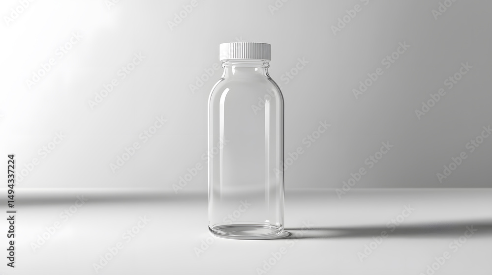 Glass bottle on a white surface: A clear glass bottle, simple and elegant, sits on a subtly lit surface, its transparent form casting a delicate shadow. Glass bottle on a white surface: A clear glass bottle, simple and elegant, sits on a subtly lit surface, its transparent form casting a delicate shadow.