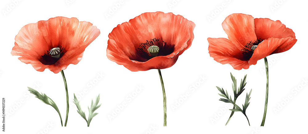 Naklejka premium Red poppy flowers watercolor illustration isolated on transparent background, bright floral art, delicate petals, nature botanical design, vibrant summer bloom, garden flower bouquet