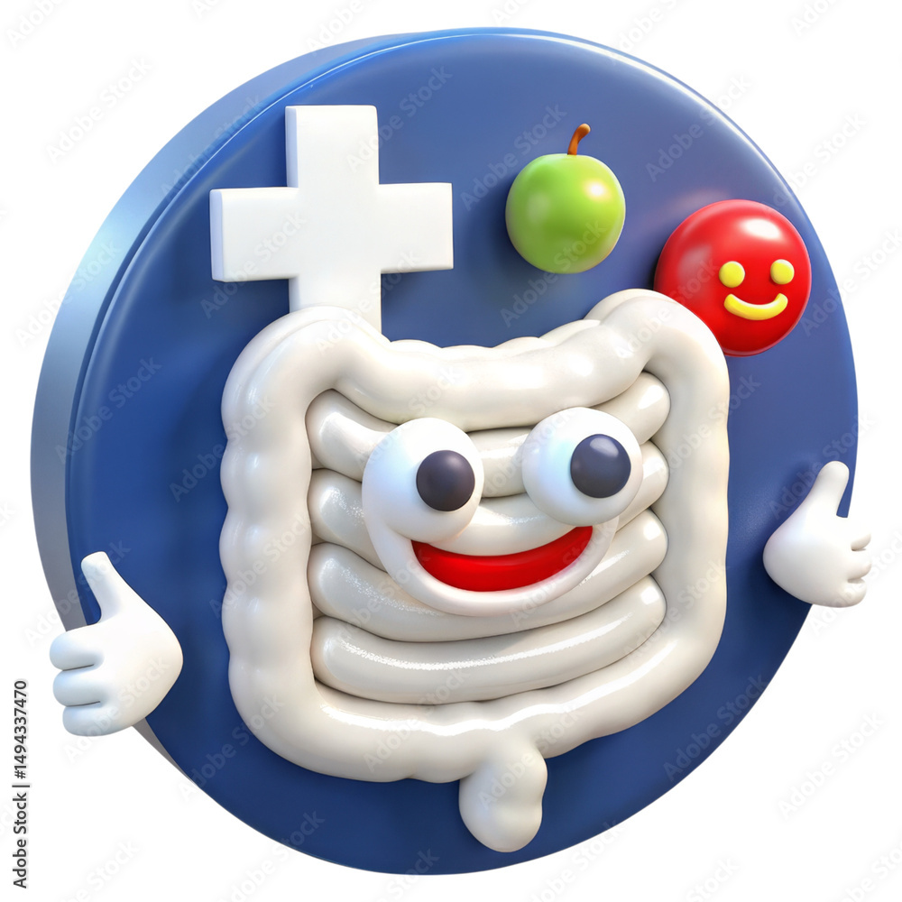 Obraz premium Cheerful cartoon intestine with big eyes, a smiling mouth, and two thumbs up, decorated with a green apple and smiley face.