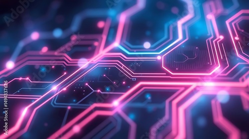 Wallpaper Mural Abstract circuit board close-up with glowing neon pink and blue pathways and small bright nodes on a dark background, suggesting technology and connectivity. Torontodigital.ca