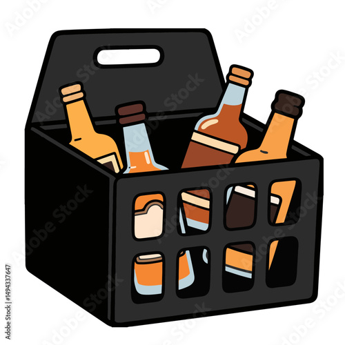 A black cardboard six-pack carrier holding various bottles of alcoholic beverages.