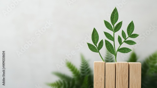 Stylish wooden planter with vibrant green leaves on a soft blurred background for nature and home decor themes