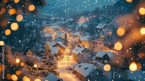 Snow-covered rooftops glowing softly under the warm light of holiday decorations, Generative AI