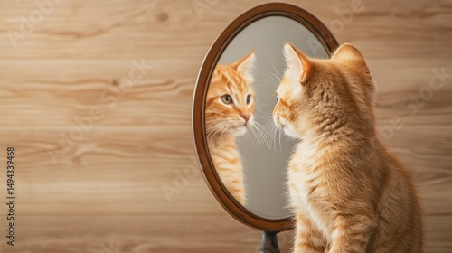Orange Cat Facing Mirror with Reflection in a Cozy Room Environment on Wooden Background