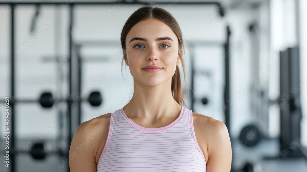 Fototapeta premium Young woman in sporty attire stands confidently in a modern gym, showcasing a healthy lifestyle and fitness motivation