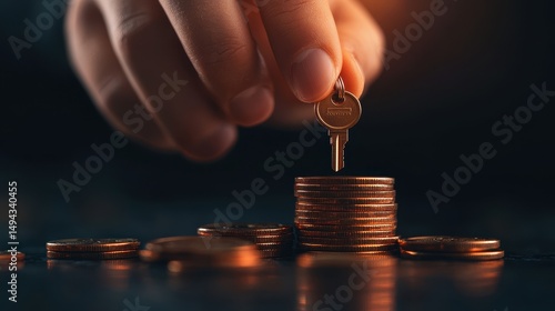 Hand Placing Key on Stack of Coins Symbolizing Wealth, Security, and Financial Investment Opportunities