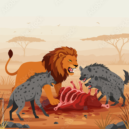 Lion Protecting Carcass From Hyenas in the Savannah Illustration