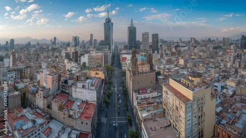 Panoramic aerial view of mexico city skyline with towering skyscrapers, bustling urban streets, and surrounding mountains under a clear blue sky