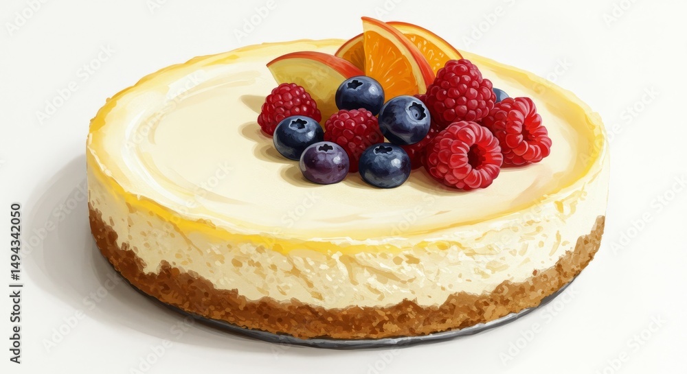 Creamy Cheesecake Delight with Fresh Fruit Topping - Indulge in this creamy cheesecake, featuring a graham cracker crust and a vibrant topping of fresh raspberries, blueberries, apple Creamy Cheesecake Delight with Fresh Fruit Topping - Indulge in this creamy cheesecake, featuring a graham cracker crust and a vibrant topping of fresh raspberries, blueberries, apple