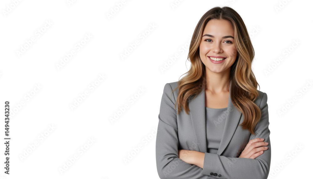 Confident Business Woman in Gray Suit Smiling with Arm Crossed Confident Business Woman in Gray Suit Smiling with Arm Crossed