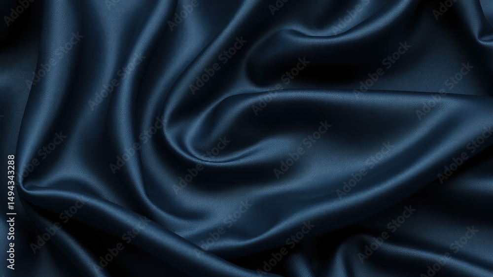 Fototapeta premium Black blue abstract background. Dark blue silk satin texture background. Shiny fabric with wavy soft pleats. Dark blue elegant background with copy space for your design