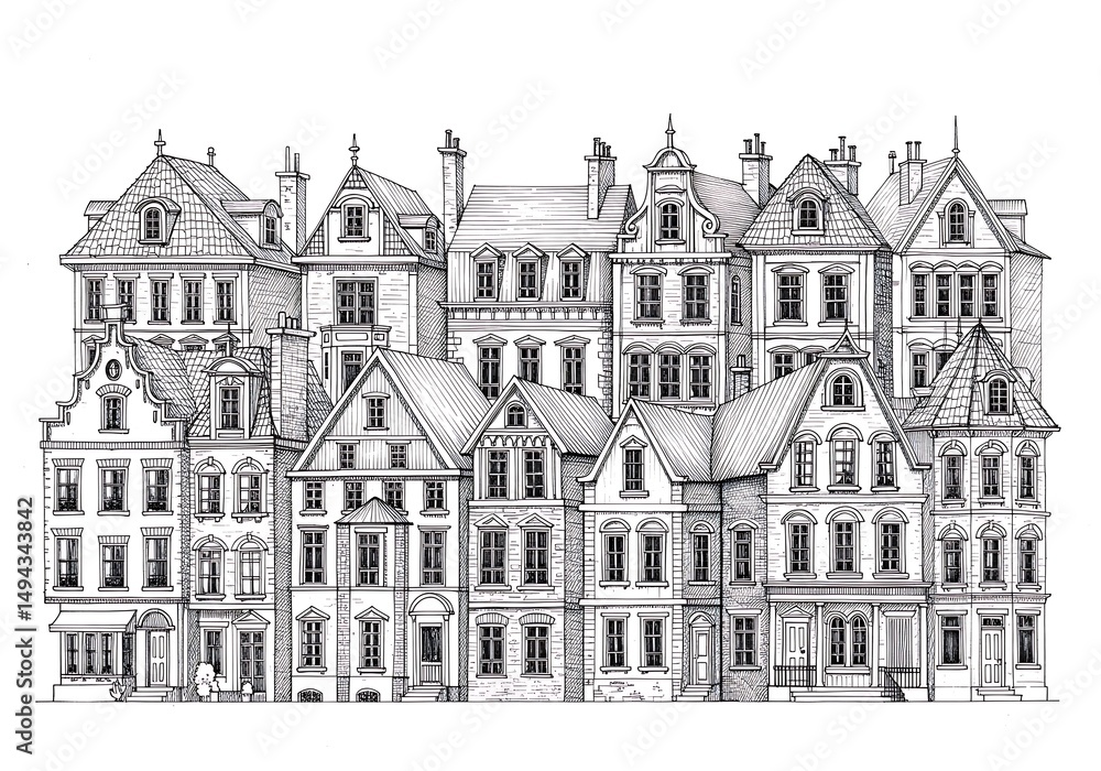 Houses architecture building cityscape europe town drawing sketch structure facade urban design home in black and white for adult coloring book. can use for print , coloring and card design Houses architecture building cityscape europe town drawing sketch structure facade urban design home in black and white for adult coloring book. can use for print , coloring and card design