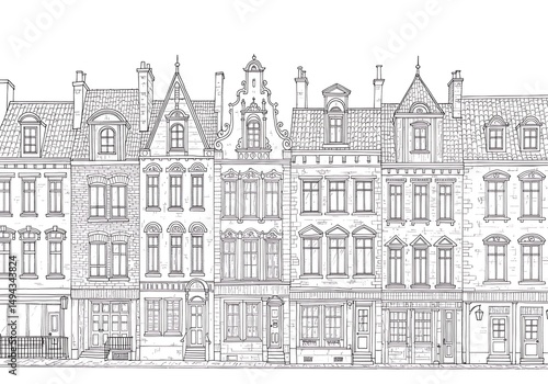 Detailed outline drawing of european architecture townhouses buildings facade street view cityscape design in black and white for adult coloring book. can use for print , coloring and card design