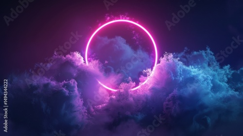 A glowing pink circle surrounded by clouds with a dark blue and purple background gradient effect