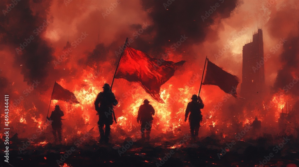 Obraz premium Red City Revolution Silhouetted Figures Holding Flags Amidst Fiery Debris,