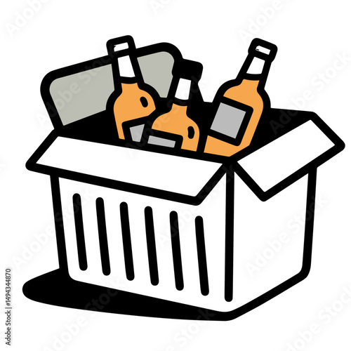 A cartoon illustration of three bottles of beer in a cardboard box, depicting a fun, casual mood in orange and white tones.