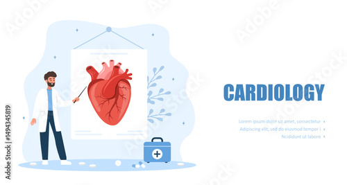Cardiology. Landing page template. Cardiovascular diseases and health care. Male doctor. Vector illustration in flat cartoon style.