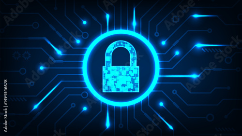 Futuristic technology abstract digital security tech circle Hi tech line circuit board with dark blue background