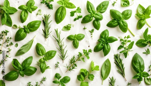 Fresh Herbs Background Basil, Parsley, Rosemary, Mint & Thyme