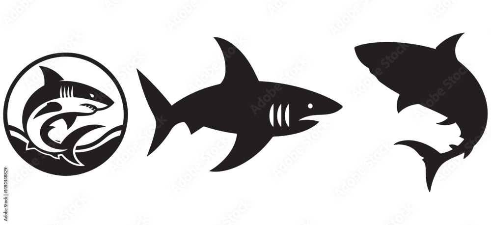 Fototapeta premium Set of Three Tribal Shark Silhouettes in Black – Stylized Ocean Predator Vector Icons for Modern Tattoo Art, Surf and Dive Branding, eSports Logos, and Graphic Design Collections