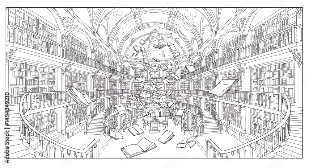 Obraz premium Library interior illustration with flying books and bookshelves in a detailed line drawing style art in black and white for adult coloring book. can use for print , coloring and card design