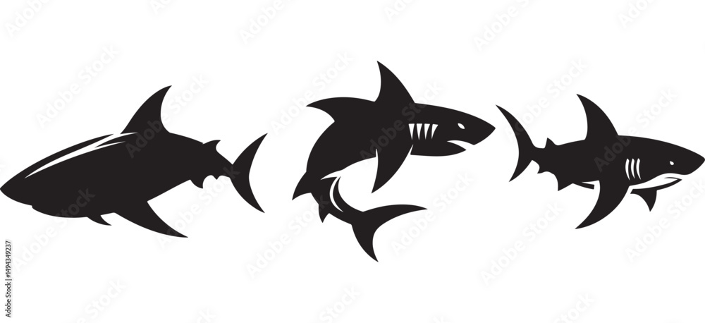 Set of Three Tribal Shark Silhouettes in Black – Stylized Ocean Predator Vector Icons for Modern Tattoo Art, Surf and Dive Branding, eSports Logos, and Graphic Design Collections Set of Three Tribal Shark Silhouettes in Black – Stylized Ocean Predator Vector Icons for Modern Tattoo Art, Surf and Dive Branding, eSports Logos, and Graphic Design Collections