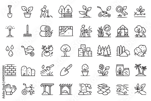 A versatile line art icon set showcasing gardening, planting, landscaping, and nature related symbols, perfect for environmental and horticulture design projects line art icon set