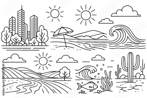 Vector line art icons depicting natural landscapes with sun, waves, fish, cactus, cityscape, and mountains Line art icon set