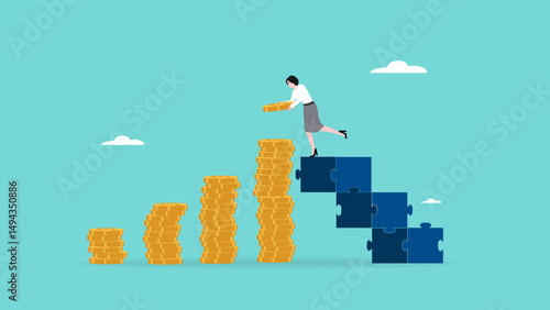 saving money for long term investment, saving money or investment progress, strategy for investment progress, businesswoman stacking gold coins on ladder of puzzle concept vector illustration