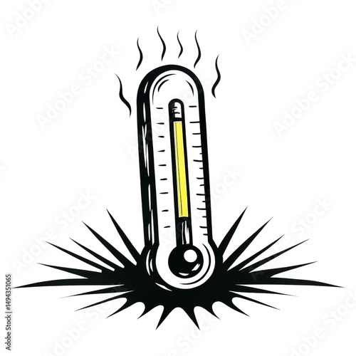 A thermometer showing a high temperature with heat waves and radiating lines.