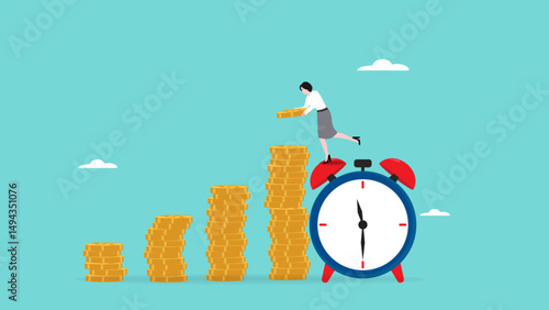 Growth Earning From Compound Interest In Long Term Investing, businesswoman makes financial growth graph by stacking gold coins on top of big clock vector illustration