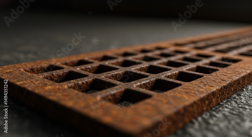 Rustic Metal Floor Vent Cover - Close-up of a rectangular rusty metal floor vent cover with a grid pattern. Perfect for industrial or rustic designs