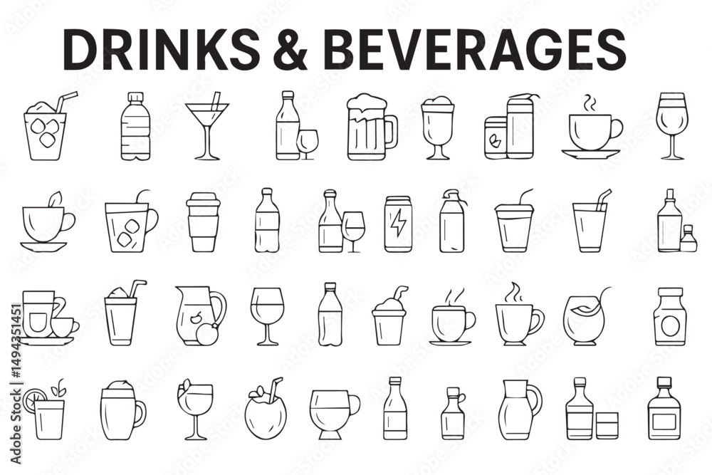 Vector icons of different drinks and beverages including coffee, cocktails, soda, water, and juice in cups, bottles, and glasses Line art icon set Vector icons of different drinks and beverages including coffee, cocktails, soda, water, and juice in cups, bottles, and glasses Line art icon set