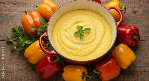 Rustic Pot of Creamy Polenta with Peppers - Warm, comforting polenta, vibrant peppers, fresh herbs; rustic charm, simple elegance, hearty meal, autumn flavors, Italian cuisine
