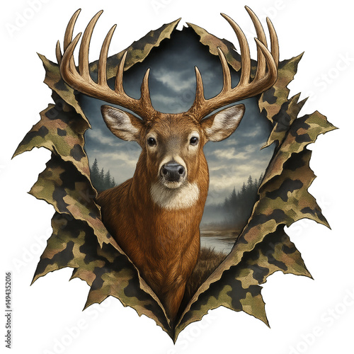 Whitetail Buck Torn Camo PNG Deer Hunting Graphic, Realistic Wilderness Scene with Forest