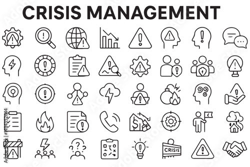 Vector icons representing crisis management actions, such as disaster response, risk assessment, and team coordination Line art icon set