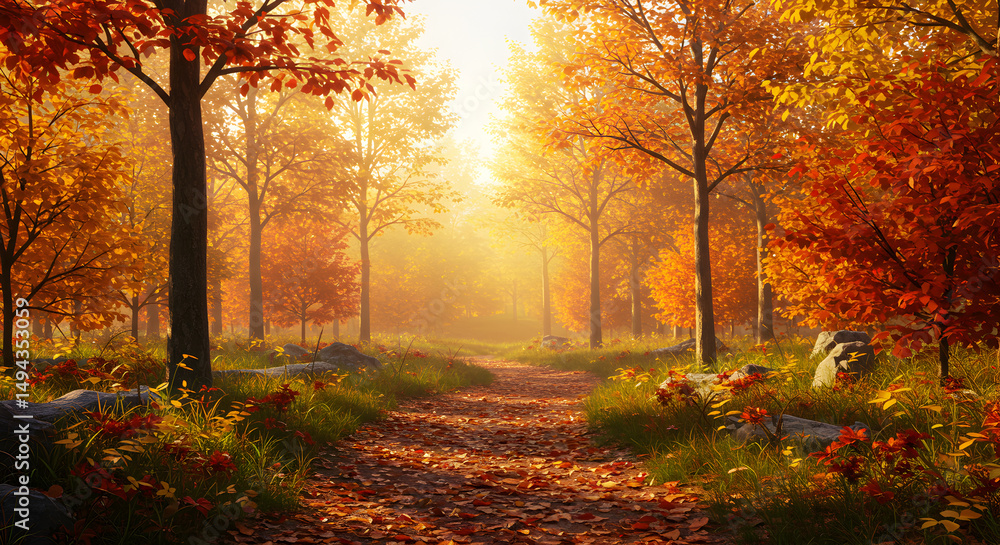 Fototapeta premium Autumn Forest Path: Golden Leaves, Sunrise Scenery